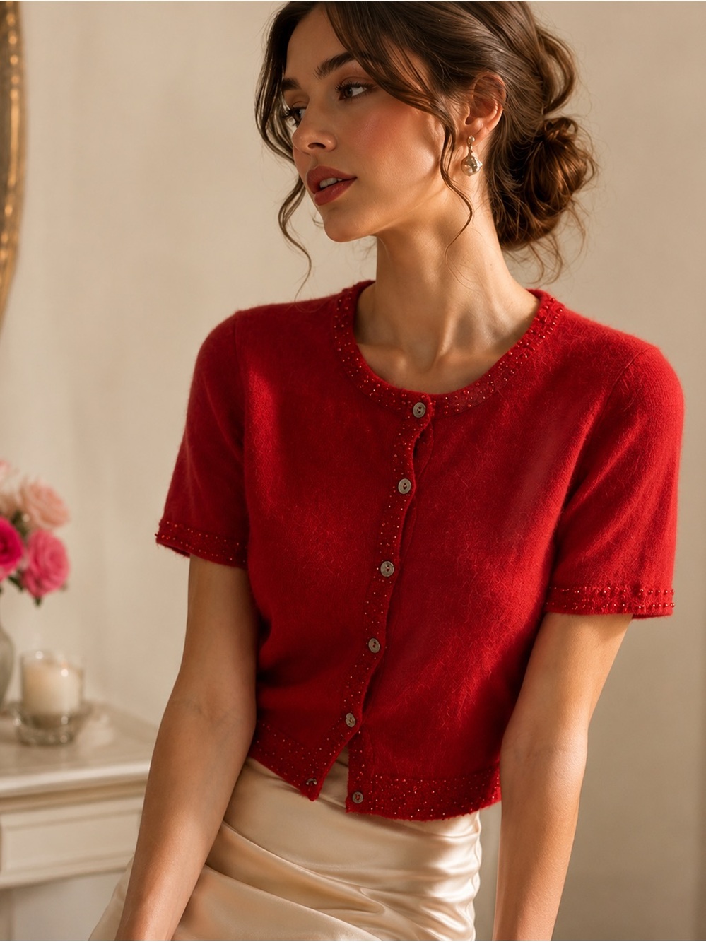 Vintage Ruby Red Beaded Wool Blend Cardigan Top | Coquette Retro Glam Sweater
